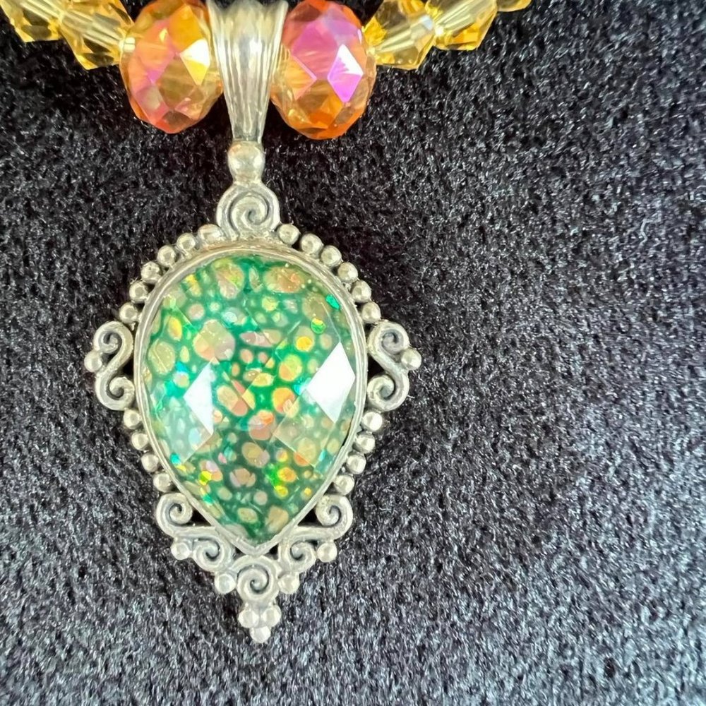 Sajen Sterling Silver Speckled Green and Yellow Pendant on Beaded Necklace